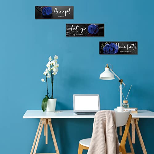ZINYAZHE 3 Pcs Blue Bathroom Wall Decors Inspirational Blue Decor Wooden Roses Flower Wall Art Office Wall Decor with Accept Let Go Have Faith Quotes for Girl Women Bathroom Bedroom(12 x 4 Inch) - Image 2