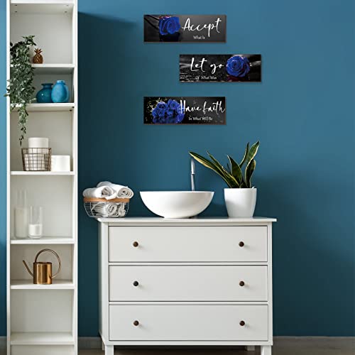 ZINYAZHE 3 Pcs Blue Bathroom Wall Decors Inspirational Blue Decor Wooden Roses Flower Wall Art Office Wall Decor with Accept Let Go Have Faith Quotes for Girl Women Bathroom Bedroom(12 x 4 Inch) - Image 5