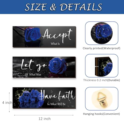 ZINYAZHE 3 Pcs Blue Bathroom Wall Decors Inspirational Blue Decor Wooden Roses Flower Wall Art Office Wall Decor with Accept Let Go Have Faith Quotes for Girl Women Bathroom Bedroom(12 x 4 Inch) - Image 4