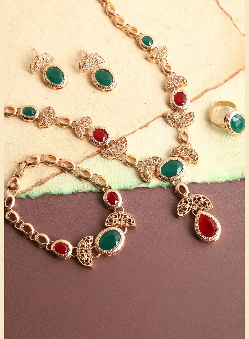 SOHI Gold Plated Designer Stone Necklace, Earring, Ring and Bracelet Set