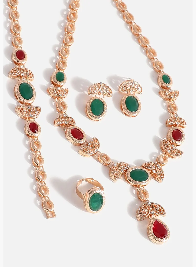 SOHI Gold Plated Designer Stone Necklace, Earring, Ring and Bracelet Set