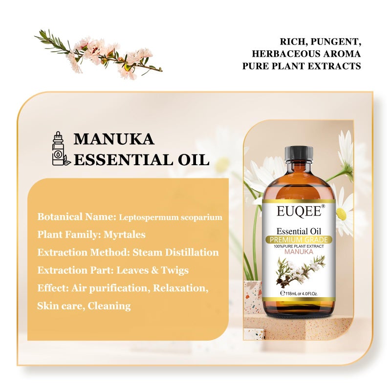 EUQEE Manuka Essential Oil 118ml Large Capacity Pure Manuka Oil with Glass Dropper for Skin, Diffuser, Aromatherapy, Cleaning, Soap Candle Making - 4Fl.Oz - Image 2