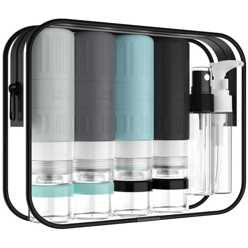 GLAMFIELDS Travel Bottles for ToiletriesTSA Approved 33oz Size LeakProof Silicone Toiletry Containers for Shampoo ConditionerEasy to SqueezePortable Travel Essentials for Lotion18 Pack Gray