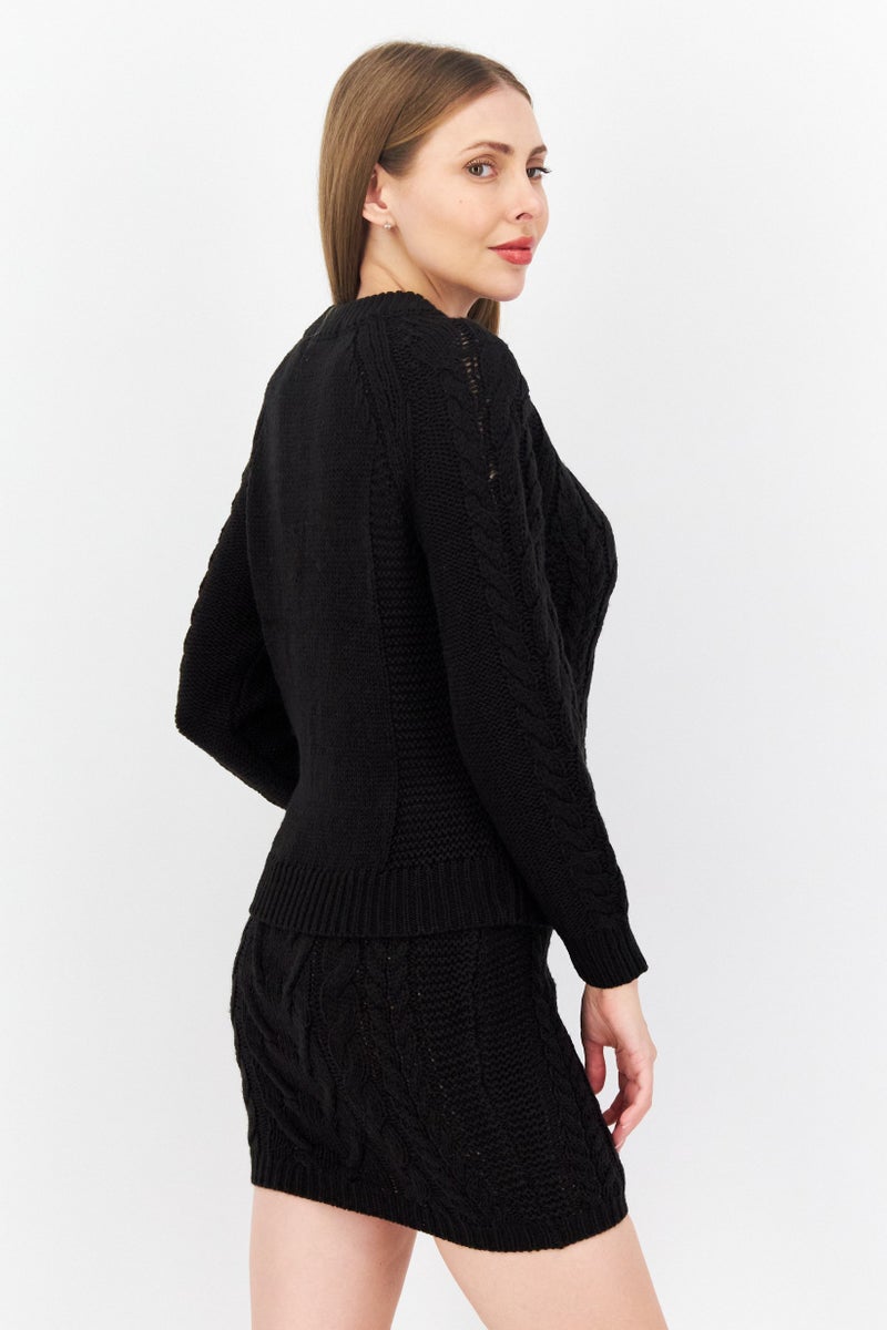 BRAVE SOUL Women 2 Pieces Crew Neck Knitted Sweater And Mini Skirt Set, Black - Image 2