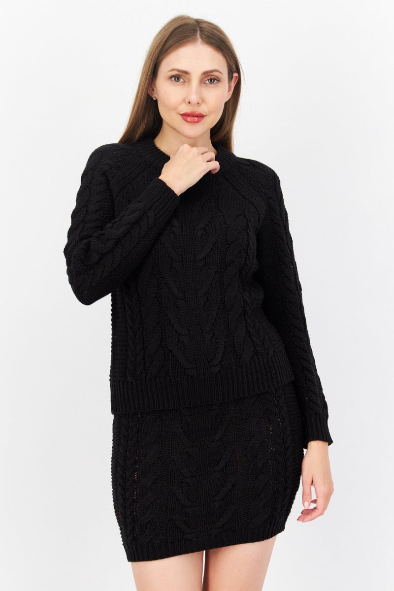 BRAVE SOUL Women 2 Pieces Crew Neck Knitted Sweater And Mini Skirt Set, Black - Image 1