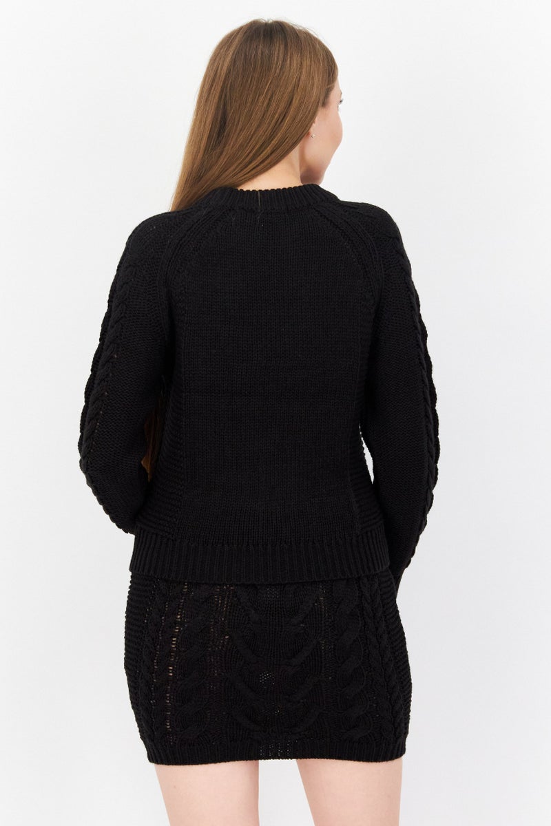 BRAVE SOUL Women 2 Pieces Crew Neck Knitted Sweater And Mini Skirt Set, Black - Image 3