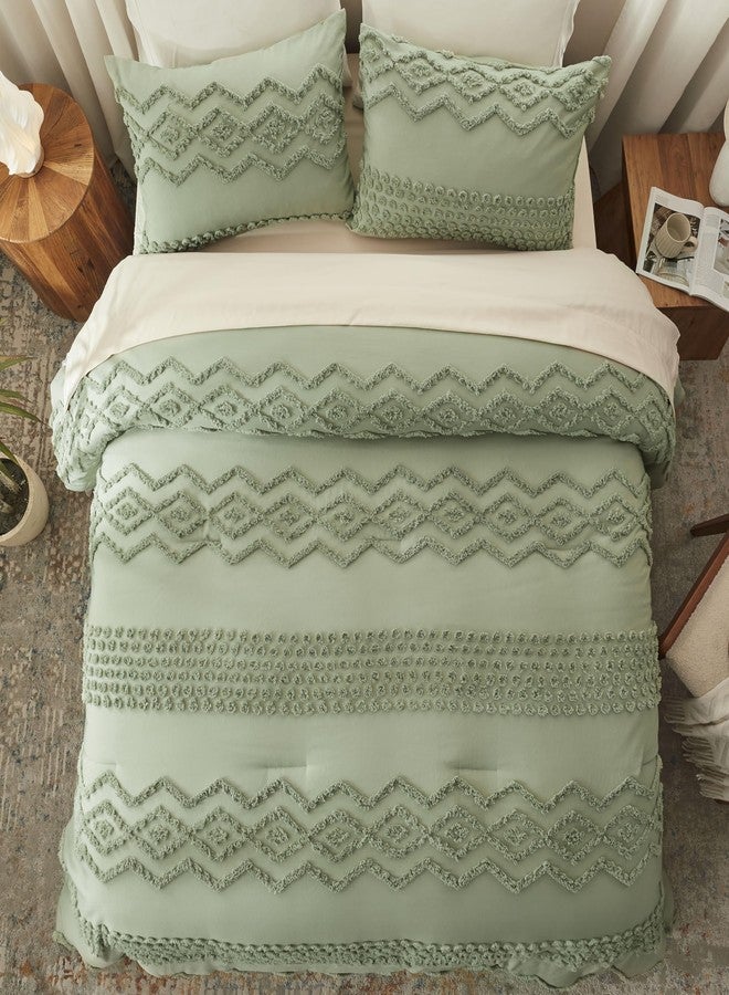 Luxudecor Sage Green Tufted Comforter Set King Size 3 Pieces Boho Shabby Chic Comforter Farmhouse Embroidery Bedding Set Soft Jacquard Comforter for All Seasons (Sage Green, 104''x90'') - Image 4