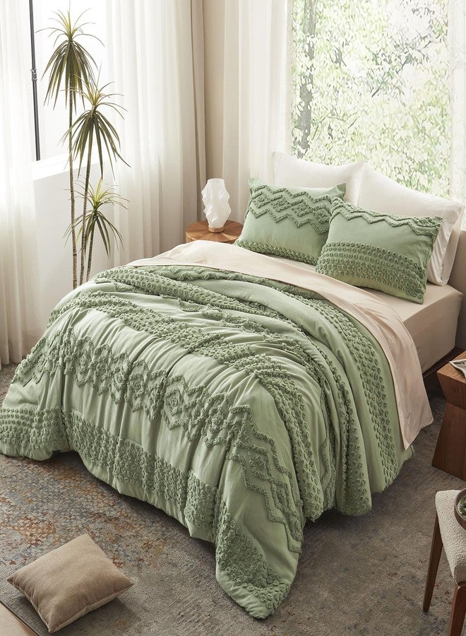 Luxudecor Sage Green Tufted Comforter Set King Size 3 Pieces Boho Shabby Chic Comforter Farmhouse Embroidery Bedding Set Soft Jacquard Comforter for All Seasons (Sage Green, 104''x90'') - Image 3