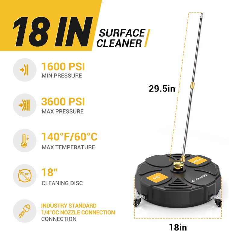 EVEAGE 18 Inch Large Size Pressure Washer Surface Cleaner Attachment with Wheels, 4000 PSI Power Washer Accessory with 1/4" Quick-Connect,2 Extension Wand for Driveways Sidewalks Patios Cleaning - Image 3