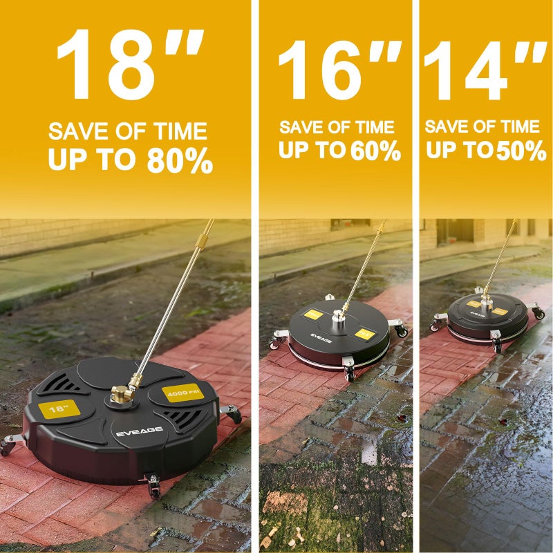 EVEAGE 18 Inch Large Size Pressure Washer Surface Cleaner Attachment with Wheels, 4000 PSI Power Washer Accessory with 1/4" Quick-Connect,2 Extension Wand for Driveways Sidewalks Patios Cleaning - Image 2