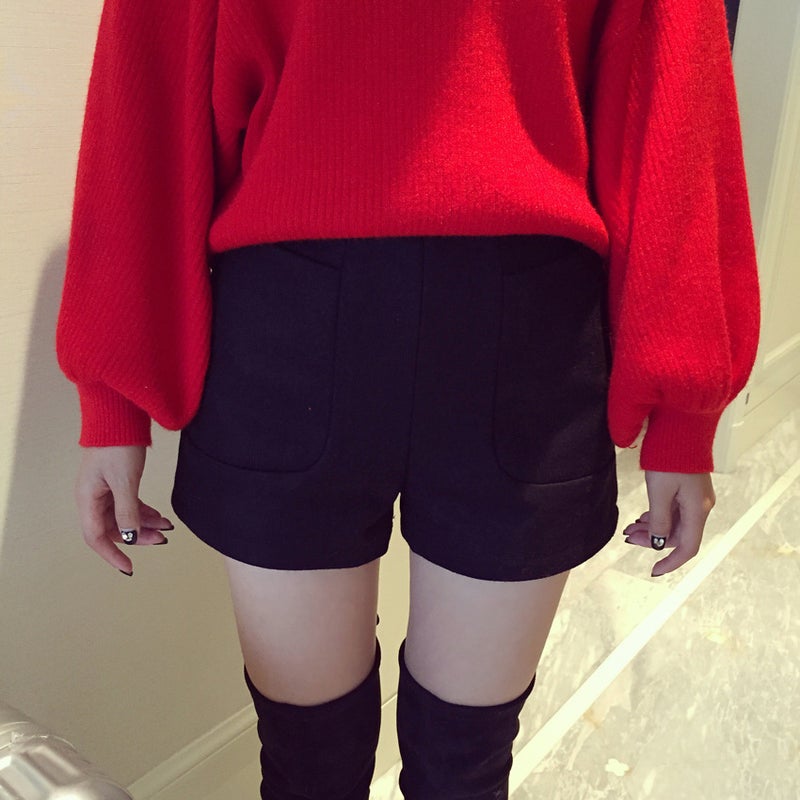 Add fat plus size fat mm200 kg autumn and winter woolen shorts high waist slim outer wear boots pants A- shaped wide-legged shorts women Grey