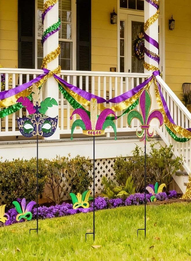 hogardeck Mardi Gras Outdoor Decorations, Set of 3 Metal 36" Decorative Garden Stakes with Mask Fleur-de-lis Jester's Hat for Mardi Gras Decor, Glitter Yard Sign for Outside Lawn Porch Backyard Party - Image 4
