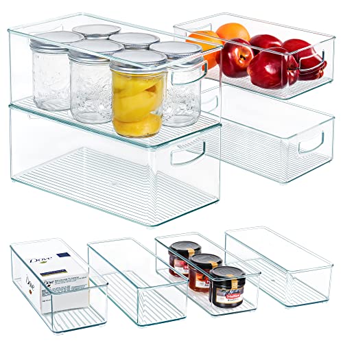 Hudgan 8 PACK Stackable Pantry Organizer Bins (3 sizes) - Clear Fridge Organizers for Kitchen, Freezer, Countertops, Cabinets - Plastic Food Storage Container with Handles for Home and Office - Image 1