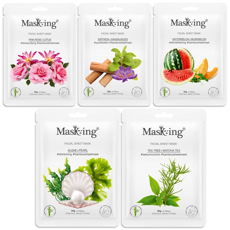 MasKing Bamboo Facial Sheet Mask of Pink Rose Saffron Algae Watermelon Tea Tree Ideal for Women Men 100ml Combo Pack of 5 - Image 1