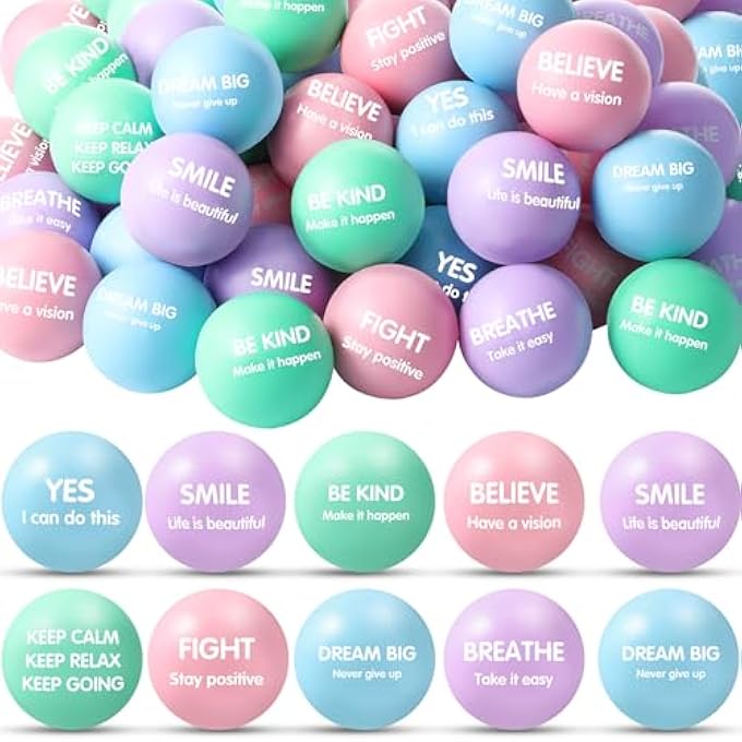Liliful 48 Pieces Motivational Stress Balls Bulk for Adults Fidget Toys End of the Year Student Gifts Inspirational Squeeze Balls Employee Appreciation Gift Adult Goodie Bag 2. 2 Inch(Macaron Color 1) - Image 1