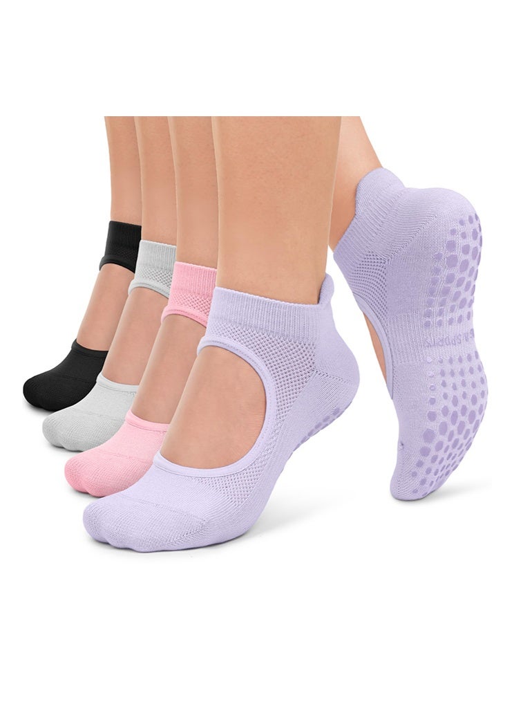 BOFAN 4PCS Pilates Socks for Women Non Slip Grip Socks Yoga Socks Ankle Grippy Socks Woman for Barre, Hospital, Barefoot - Image 1