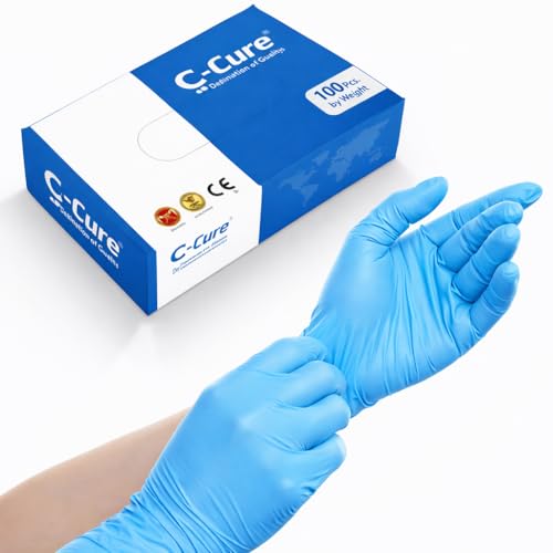 C-Cure Nitrile Hand Gloves Blue | Powder Free Examination Gloves | Disposable Gloves Medium Pack of 50PCS | Multi-Purpose For Kitchen, Cleaning, General Use | Unisex Hand Gloves - Image 1
