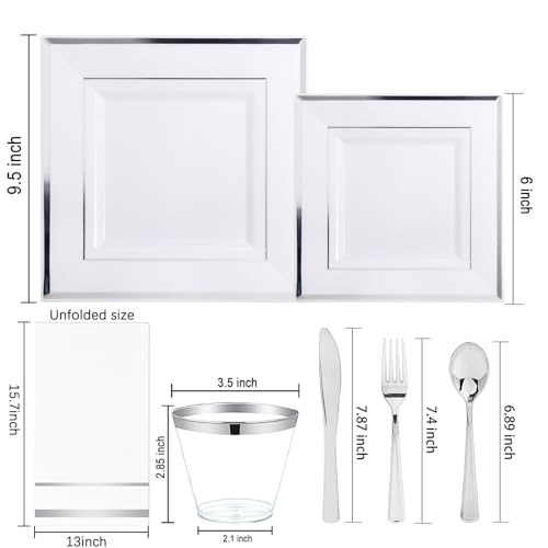Festiva 350Pcs Silver Plates - Silver Square Plastic Plates 9 .5" and 6" - serve for 50 guests include 50 Cups 50Plastic Cutlery 50Hand Napkins Perfect for Party&Wedding&Birthday&Christmas - Image 2