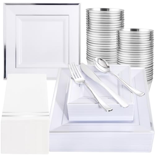 Festiva 350Pcs Silver Plates - Silver Square Plastic Plates 9 .5" and 6" - serve for 50 guests include 50 Cups 50Plastic Cutlery 50Hand Napkins Perfect for Party&Wedding&Birthday&Christmas - Image 1