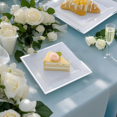 Festiva 350Pcs Silver Plates - Silver Square Plastic Plates 9 .5" and 6" - serve for 50 guests include 50 Cups 50Plastic Cutlery 50Hand Napkins Perfect for Party&Wedding&Birthday&Christmas - Image 3