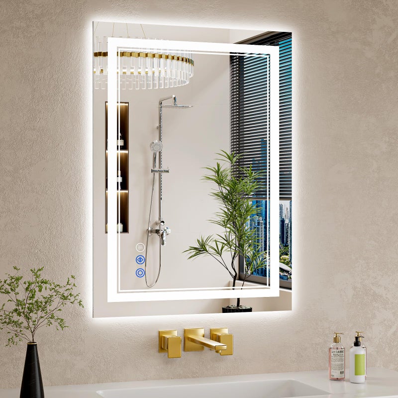 WISSMIELS مرآة حمام LED WISSMIELS 22"x30" مع أضواء، مضادة للضباب، مضاءة من الخلف + من الأمام، قابلة للتعتيم، مرآة تجميل LED للجدار، مرآة حمام مضاءة، 3 ألوان، زجاج مقسى مقاوم للكسر - Image 1