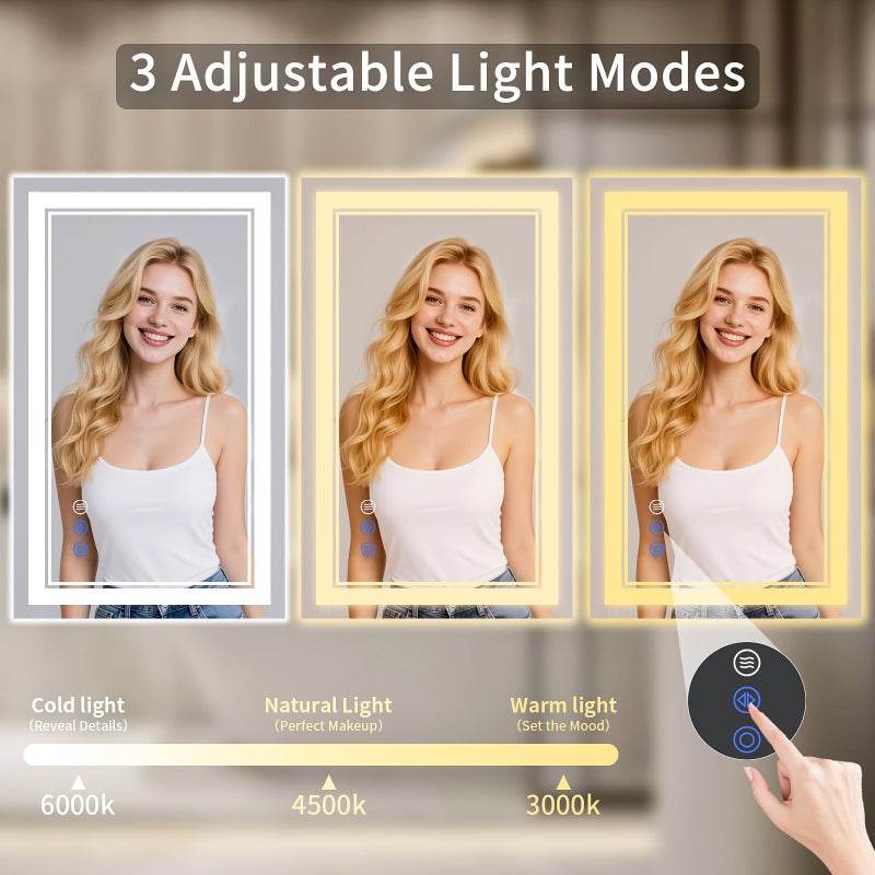 WISSMIELS مرآة حمام LED WISSMIELS 22"x30" مع أضواء، مضادة للضباب، مضاءة من الخلف + من الأمام، قابلة للتعتيم، مرآة تجميل LED للجدار، مرآة حمام مضاءة، 3 ألوان، زجاج مقسى مقاوم للكسر - Image 3