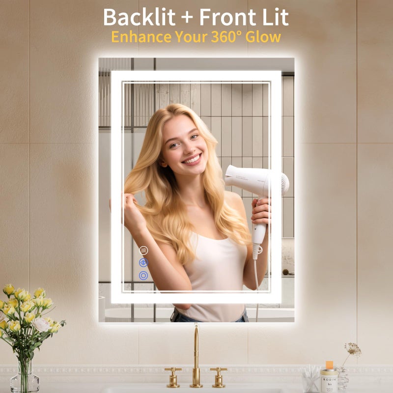 WISSMIELS مرآة حمام LED WISSMIELS 22"x30" مع أضواء، مضادة للضباب، مضاءة من الخلف + من الأمام، قابلة للتعتيم، مرآة تجميل LED للجدار، مرآة حمام مضاءة، 3 ألوان، زجاج مقسى مقاوم للكسر - Image 2