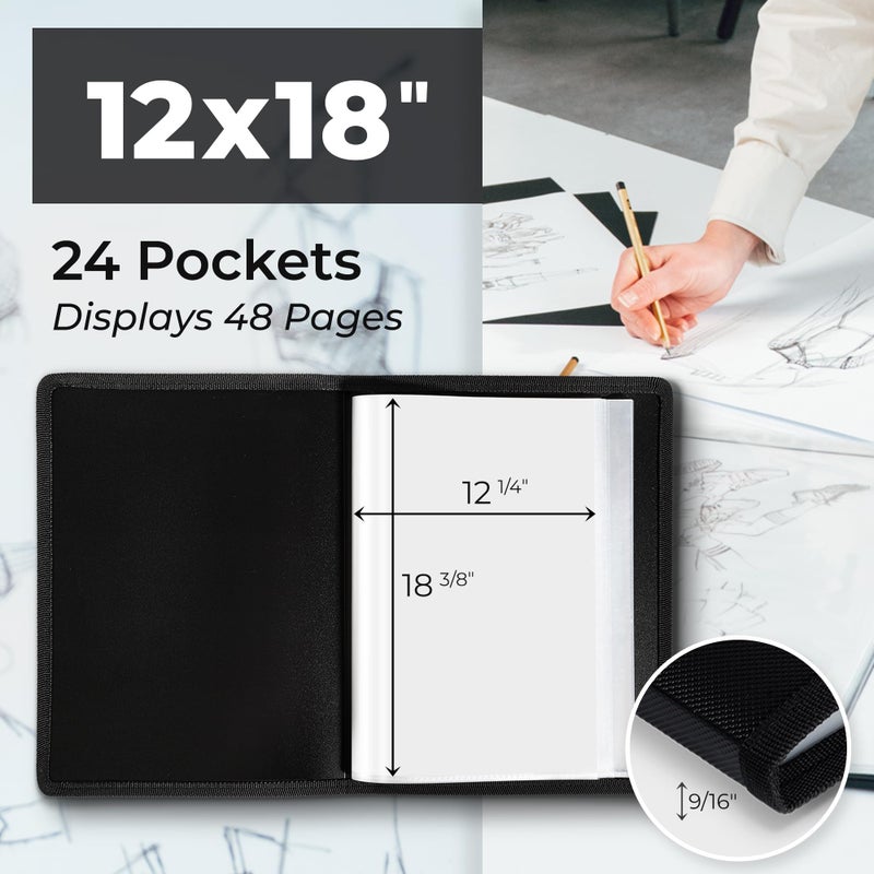 Dunwell دونويل 12x18 محفظة فنية مع ورق تثبيت - (أسود) مجلد كبير لعرض الأعمال الفنية 48 صفحة، مجلد تقديم 12 x 18 مع أكمام بلاستيكية، منظم محفظة - Image 4