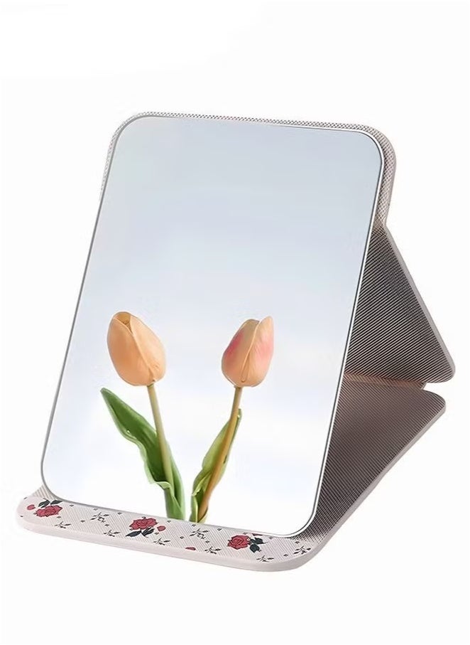 1 Pcs Tabletop Foldable Makeup Mirror,Portable Vintage Rose Pattern Desktop Mirror,PU Portable Adjustable Rectangular Ultrathin Mirror,For Travel,Camping,Home