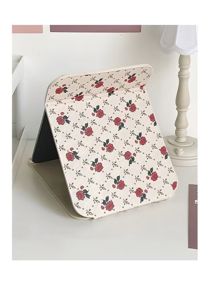 1 Pcs Tabletop Foldable Makeup Mirror,Portable Vintage Rose Pattern Desktop Mirror,PU Portable Adjustable Rectangular Ultrathin Mirror,For Travel,Camping,Home