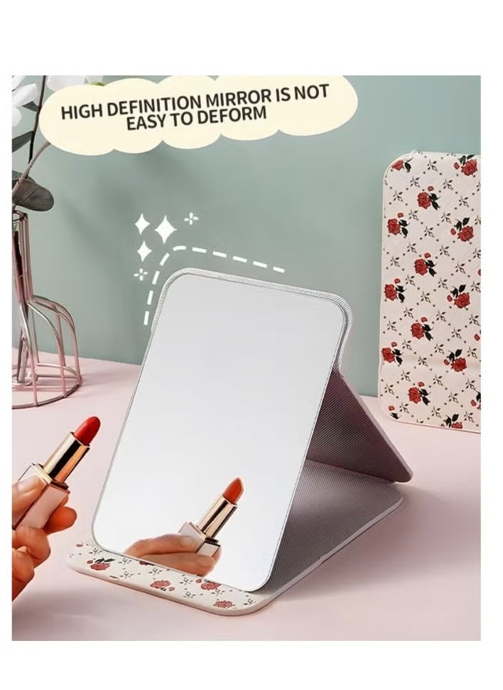 1 Pcs Tabletop Foldable Makeup Mirror,Portable Vintage Rose Pattern Desktop Mirror,PU Portable Adjustable Rectangular Ultrathin Mirror,For Travel,Camping,Home