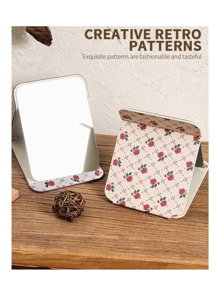 1 Pcs Tabletop Foldable Makeup Mirror,Portable Vintage Rose Pattern Desktop Mirror,PU Portable Adjustable Rectangular Ultrathin Mirror,For Travel,Camping,Home