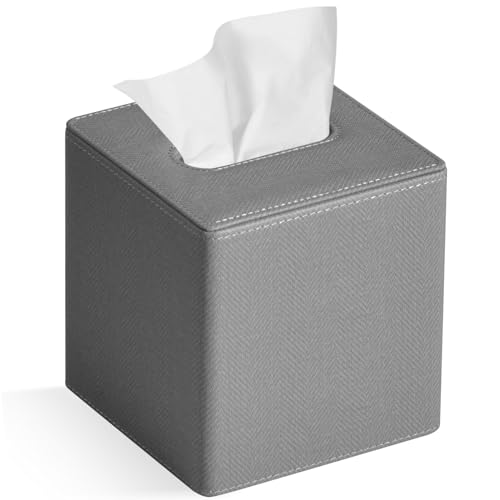 GOLRANLYE Tissue Box Cover Square PU Leather Facial Tissue Box Holder for Dresser Bathroom Decor Linen Grey - Image 1