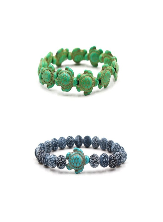 Soyzvteo 2Pcs Sea Turtles Beads Bracelet Elastic Natural Stone Stretch Bracelet Turquoise Turtle Bracelets Friendship Gifts for Women Men -Green - Image 1