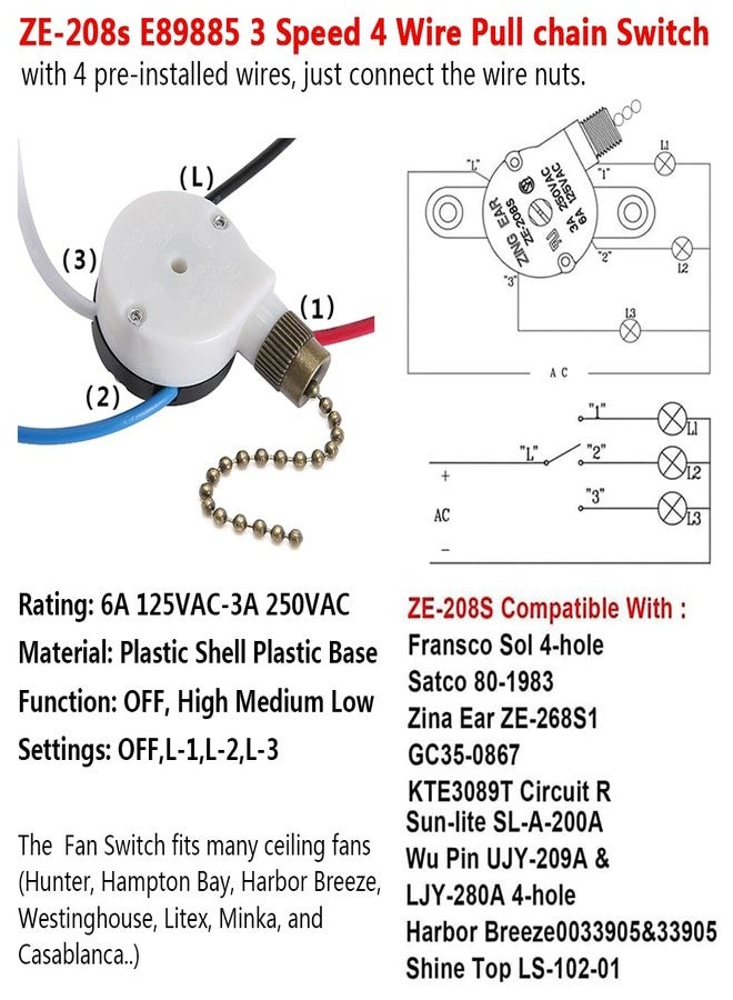 Bsentster Ceiling Fan Switch Zing Ear ZE-208s E89885 3 Speed 4 Wire Pull Chain Switch Fan Light Switch Replacement Part with 4 Pre-Installed Wires(Bronze Chain) - Image 2