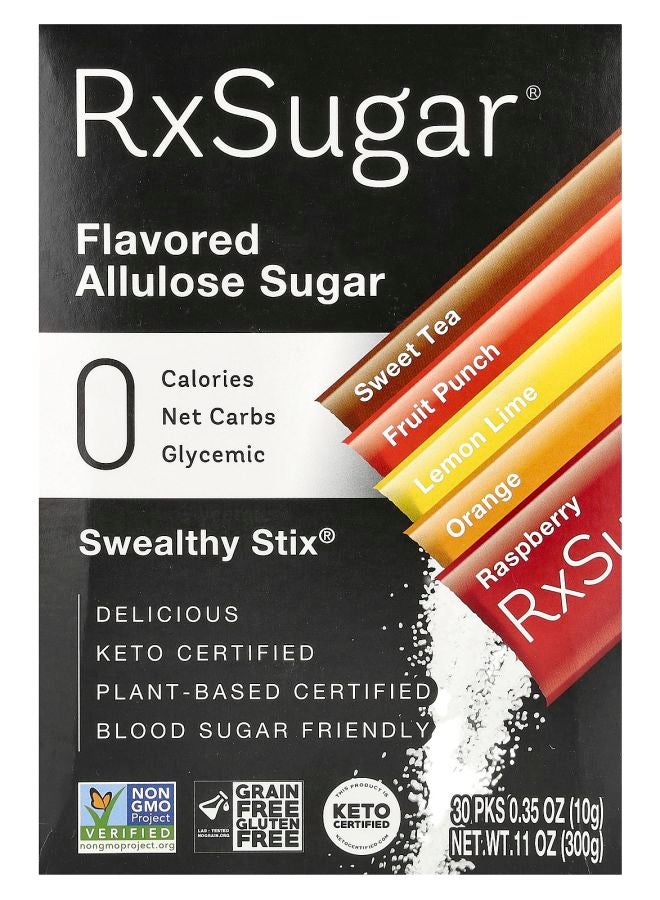 RX Swealthy Stix Flavored Allulose Sugar Sweet Tea Fruit Punch Lemon Lime Orange Raspberry 30 Packs 0.35 oz (10 g) Each 