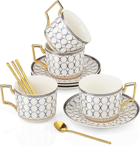 CwlwGO-European Style Ceramic Coffe Cup and Saucer Sets, 7 Oz Bone China Beautifully Glazed Blue Gold Tea Cup Set, Golden Spoon,Cappuccino, Latte, Suitable For Women's Gifts (4 pack) - Image 1