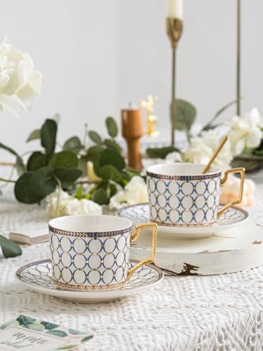 CwlwGO-European Style Ceramic Coffe Cup and Saucer Sets, 7 Oz Bone China Beautifully Glazed Blue Gold Tea Cup Set, Golden Spoon,Cappuccino, Latte, Suitable For Women's Gifts (4 pack) - Image 4