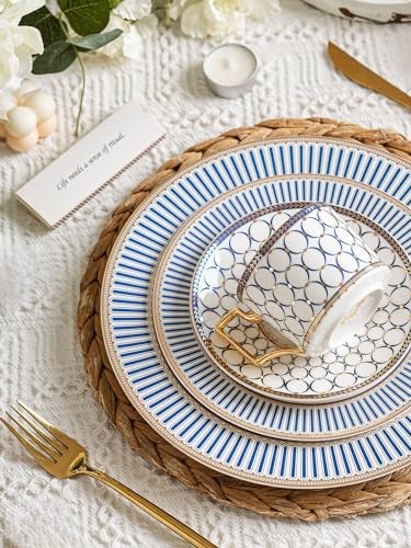 CwlwGO-European Style Ceramic Coffe Cup and Saucer Sets, 7 Oz Bone China Beautifully Glazed Blue Gold Tea Cup Set, Golden Spoon,Cappuccino, Latte, Suitable For Women's Gifts (4 pack) - Image 2