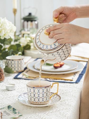 CwlwGO-European Style Ceramic Coffe Cup and Saucer Sets, 7 Oz Bone China Beautifully Glazed Blue Gold Tea Cup Set, Golden Spoon,Cappuccino, Latte, Suitable For Women's Gifts (4 pack) - Image 3