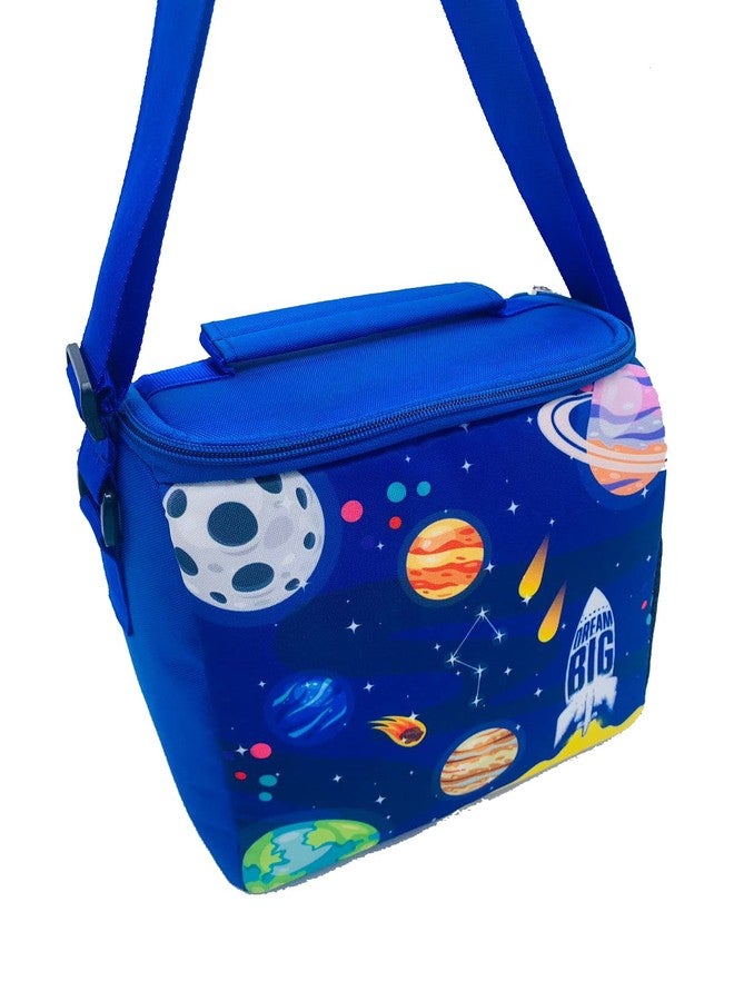 Echo Boomers Space Printed Insulated Lunch Bag, Tiffin and Food Storage Bag for Work, Students, Office, Picnic, College & School with Bottle Holder & Multiple Zipper Pockets (Blue) - Image 1