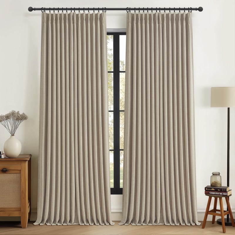 PleatedDrapes Burlywood Birch Thick Linen Blackout Curtains 98 Inches Long for Sliding Glass Door, Memory Trained Pleated Dual Layer Modern Curtain Thermal Noise Blocking Windows Drapes 2 Panels 96-98 Inch Length - Image 1