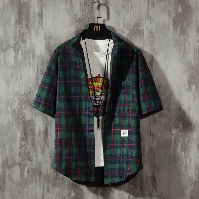Half sleeve British plaid shirt square collar cardigan 2021 summer Korean style trendy mens plaid casual short sleeve shirt Green Grid  - Image 1