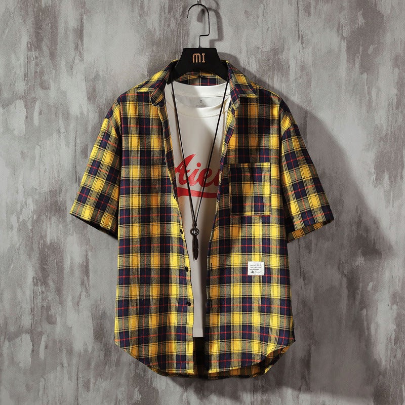 Half sleeve British plaid shirt square collar cardigan 2021 summer Korean style trendy mens plaid casual short sleeve shirt Green Grid  - Image 2