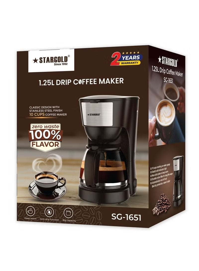 Stargold Drip Coffee Maker 1.25L 10-Cup Automatic Coffee Machine with Keep Warm Function, Reusable Filter & Black Stainless Steel Design, Home & Kitchen Coffee Brewer for Daily Fresh Hot Coffee - Image 1
