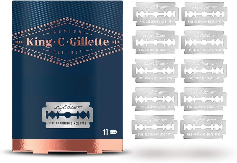 كينج سي جيليت شفرات حلاقة آمنة مزدوجة الحواف من King C. Gillette، من الفولاذ المقاوم للصدأ مع طلاء مضاد للاحتكاك لمزيد من الراحة، شفرات حلاقة آمنة للرجال، عبوة من 10 قطع - Image 1