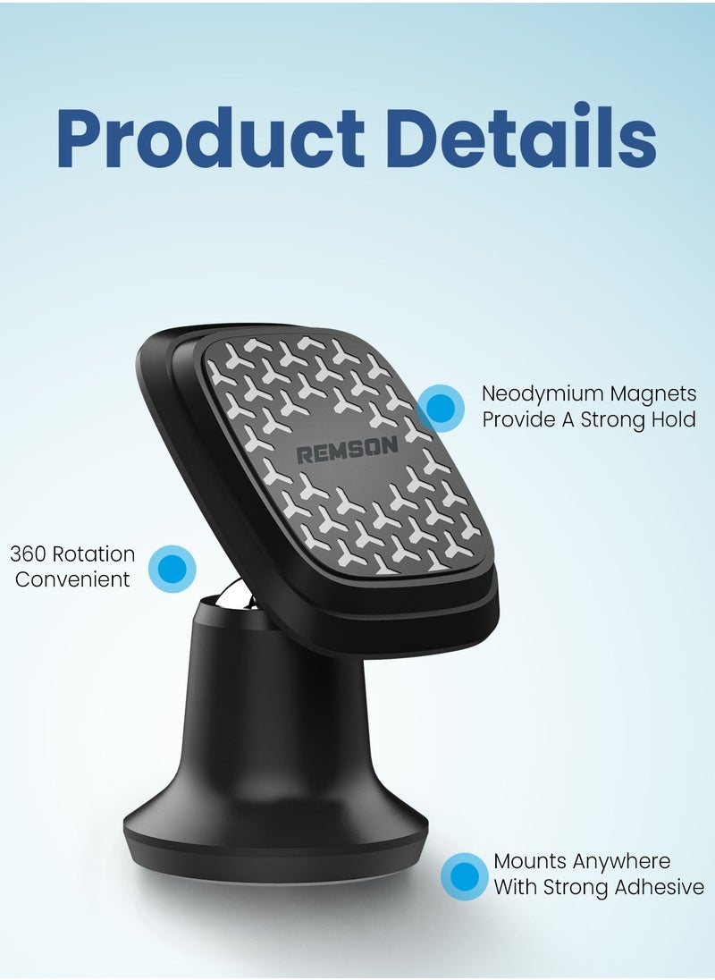 Remson - Remson Magnetic Car Phone Holder Universal Stick On 360 Rotation  For Dashboard Compatible with iPhone 13 12 11 Pro Max XR XS X 8 7, Samsung Galaxy & More – Black - Image 1