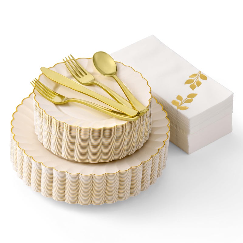 By Madee HIGH END 175 Pc Ivory Scalloped Plastic Plates with Gold Trim Fancy Disposable Dinnerware Set Nice Disposable Plates and Cutlery Set wCloth Like Napkins for Weddings Party 25 Guests