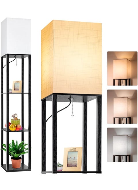 Floor Lamp with Shelves, Modern Square Standing Lamp with 3 Color Temperature Bulb, Corner Display Bookshelf Lamp for Living Room and Bedroom Black 42x15x29 cm