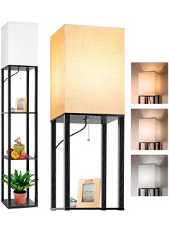 LOOPITYS Floor Lamp with Shelves, Modern Square Standing Lamp with 3 Color Temperature Bulb, Corner Display Bookshelf Lamp for Living Room and Bedroom Black 42x15x29 cm  - Image 1
